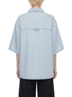Light blue unisex drop-shoulder lyocell shirt, back view, short sleeves