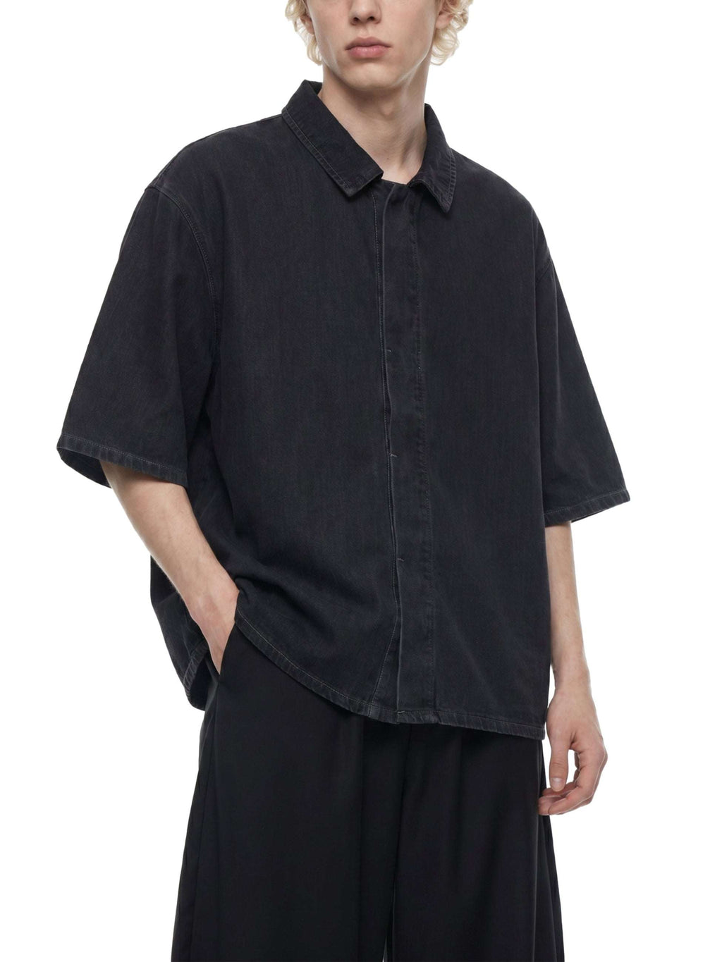 Black vintage-wash lyocell collared shirt with button front, drop shoulders, short sleeves