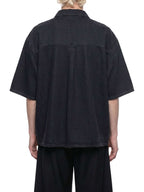 Black vintage-wash lyocell shirt, back view, drop shoulders, short sleeves, button front