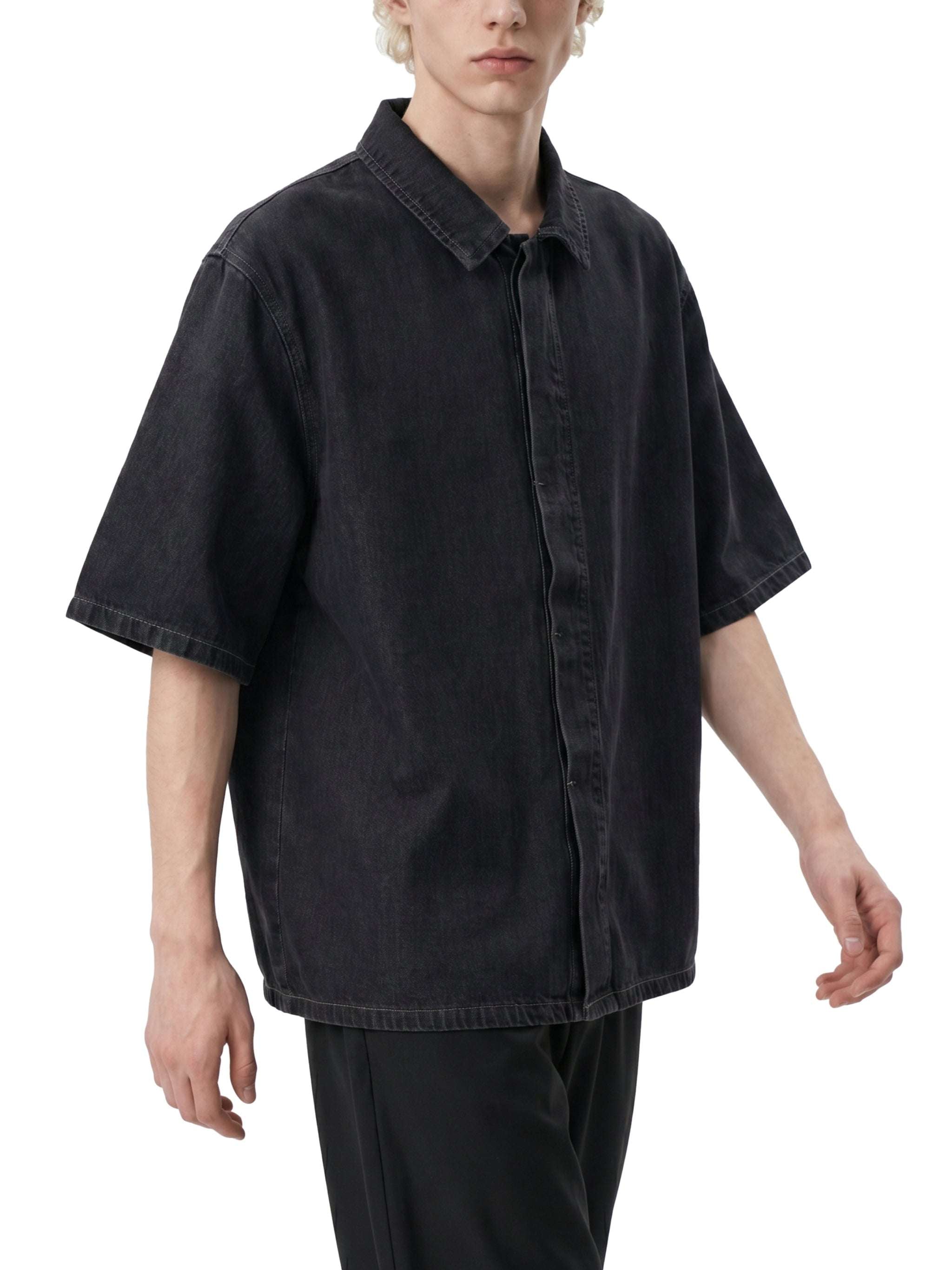 Black vintage-wash lyocell button-up shirt with dropped shoulders and short sleeves