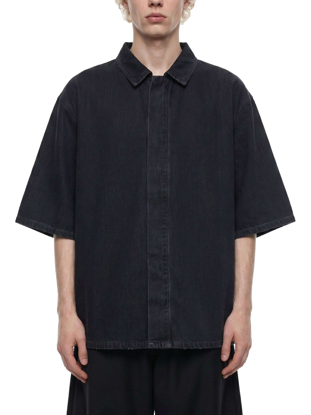 Black vintage-wash lyocell button-up shirt with drop shoulders and short sleeves