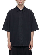 Black vintage-wash lyocell button-up shirt with drop shoulders and short sleeves
