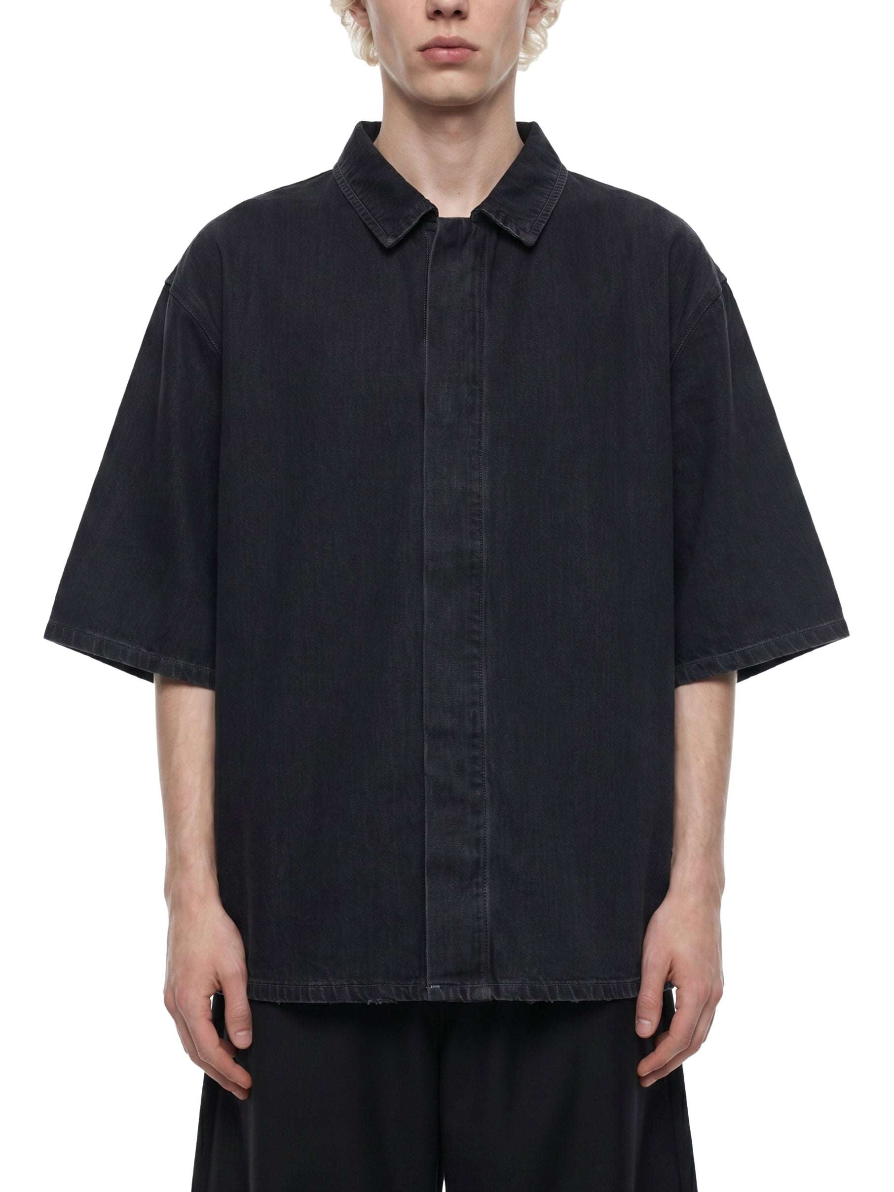 Black vintage-wash lyocell button-up shirt with drop shoulders and short sleeves