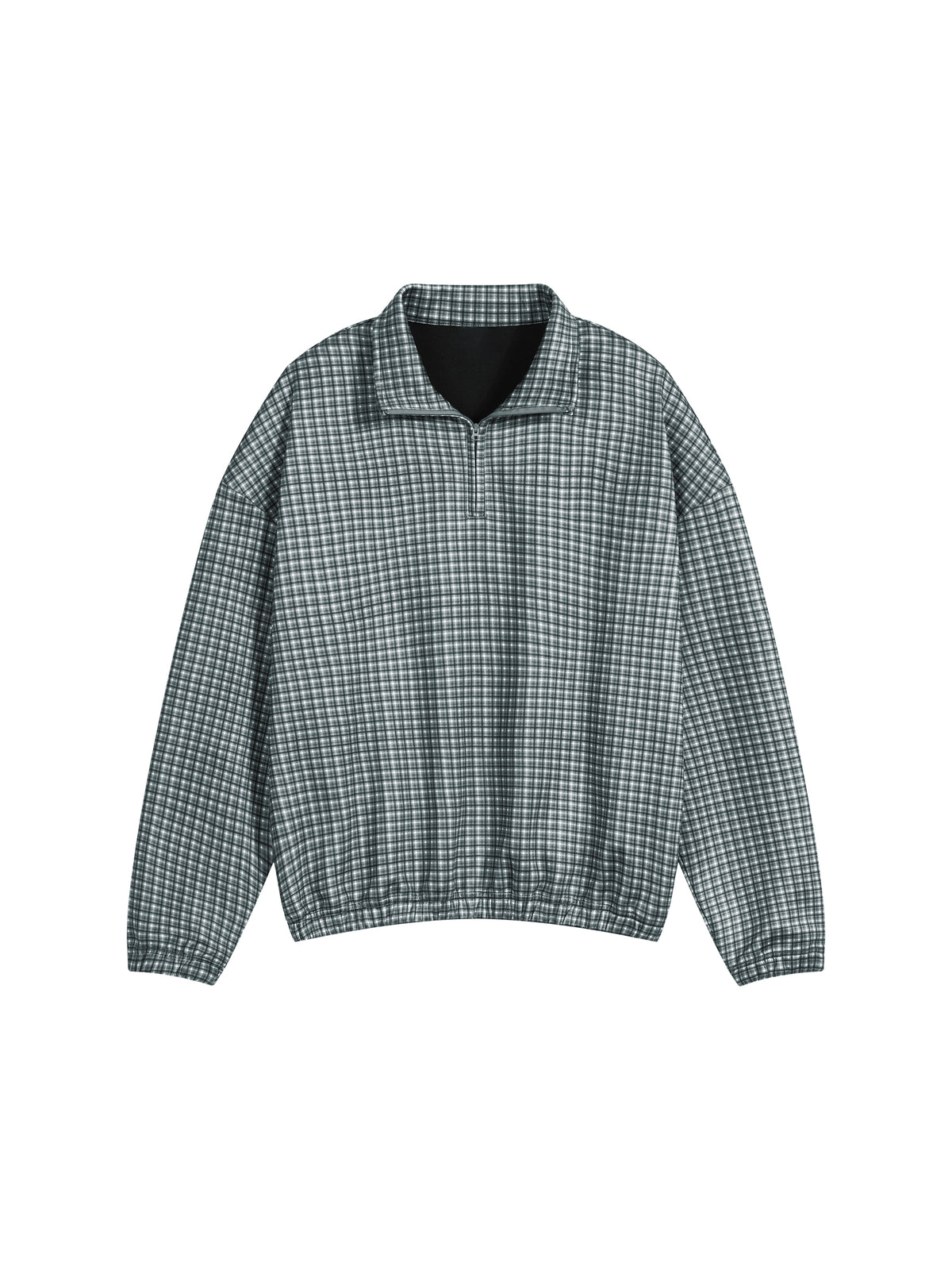 Plaid quarter-zip sweatshirt in dark green, front view, stand collar