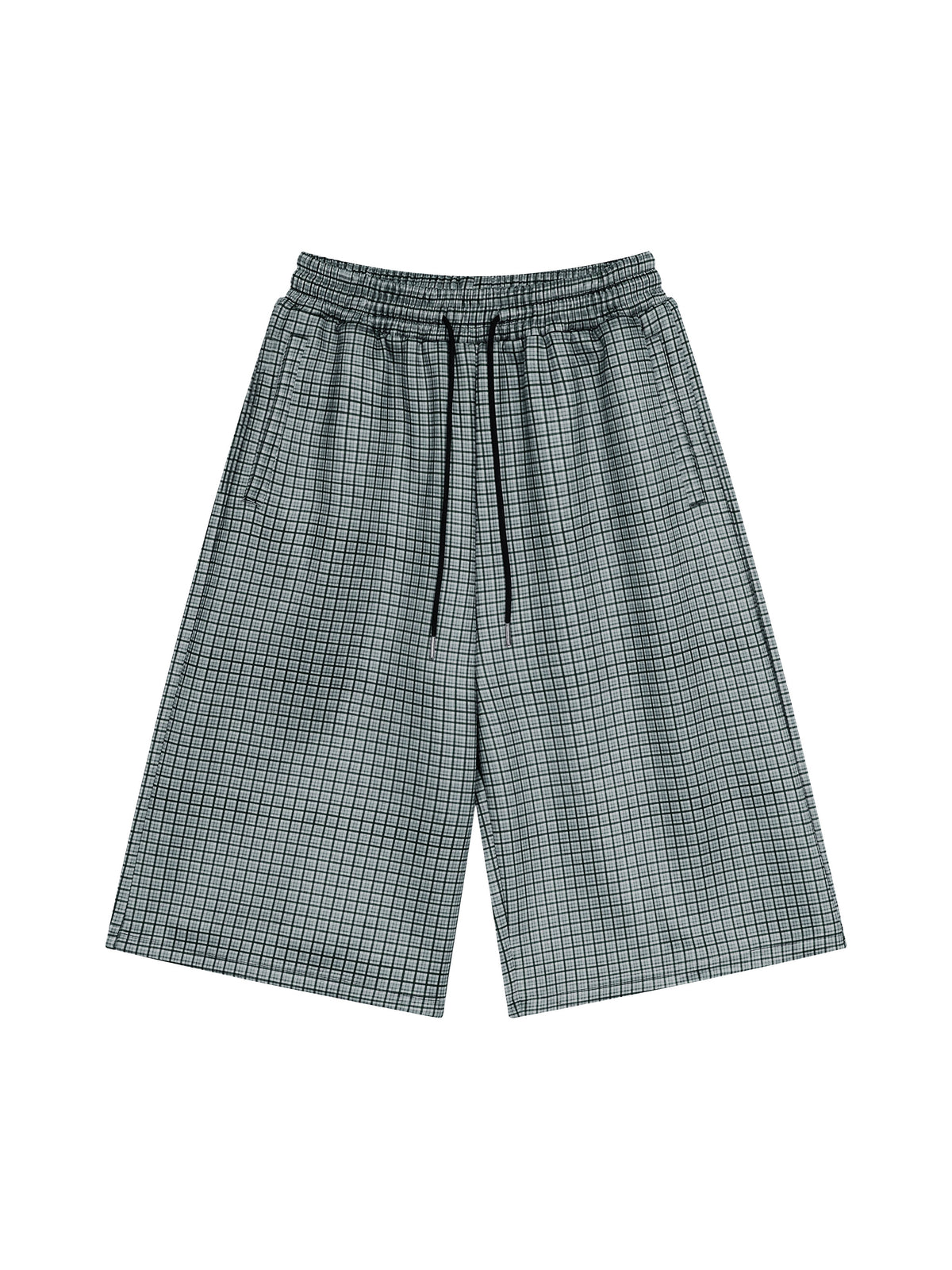 Navy blue plaid drawstring shorts, front view with vertical drawcord detail