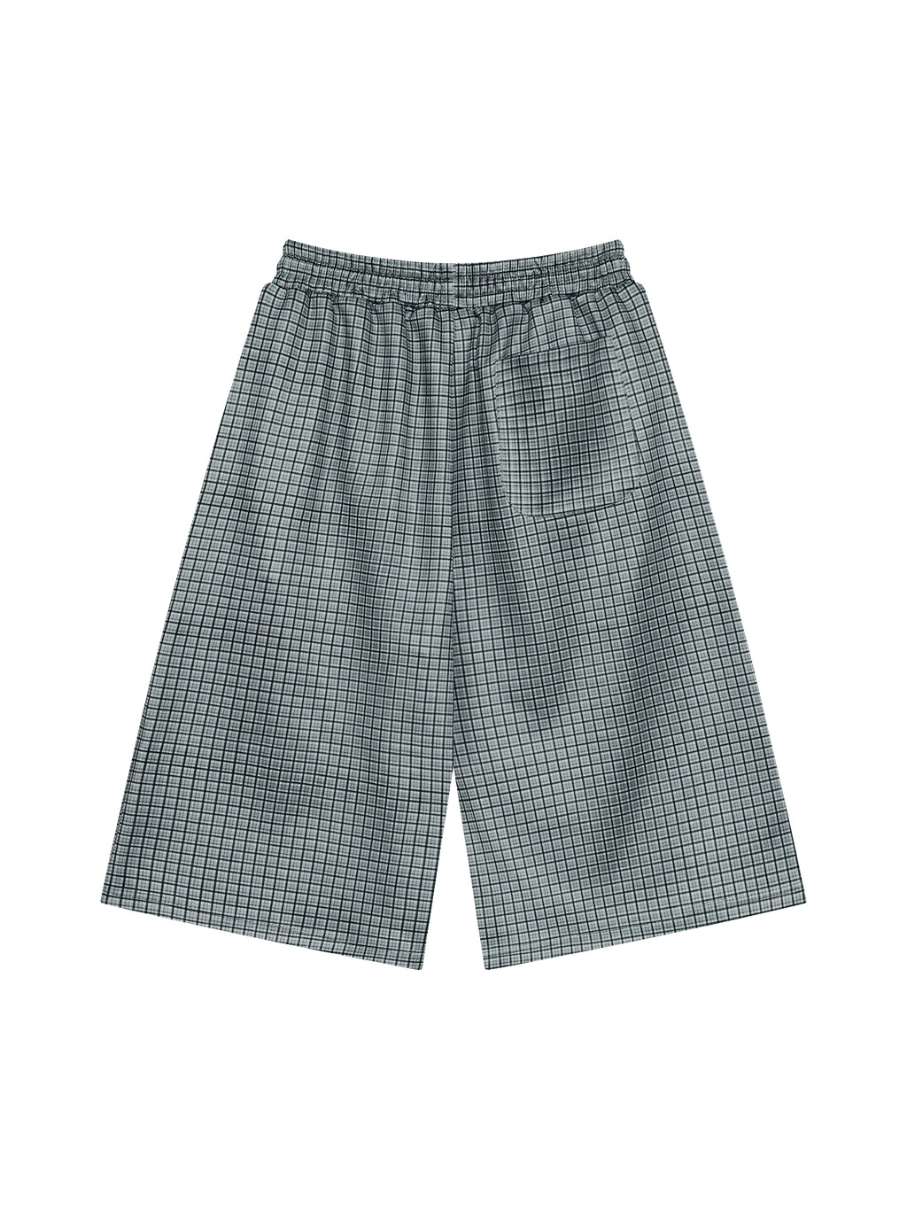 Navy blue plaid drawstring shorts with elastic waist and relaxed straight legs