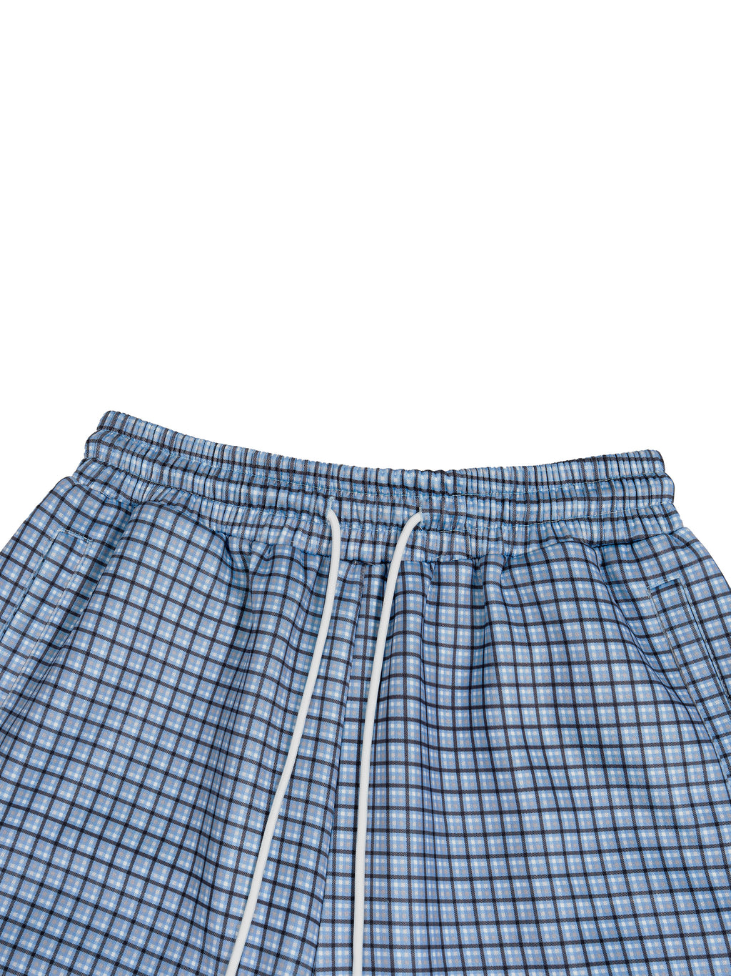 Blue plaid elastic-waist shorts with centered drawstring cords