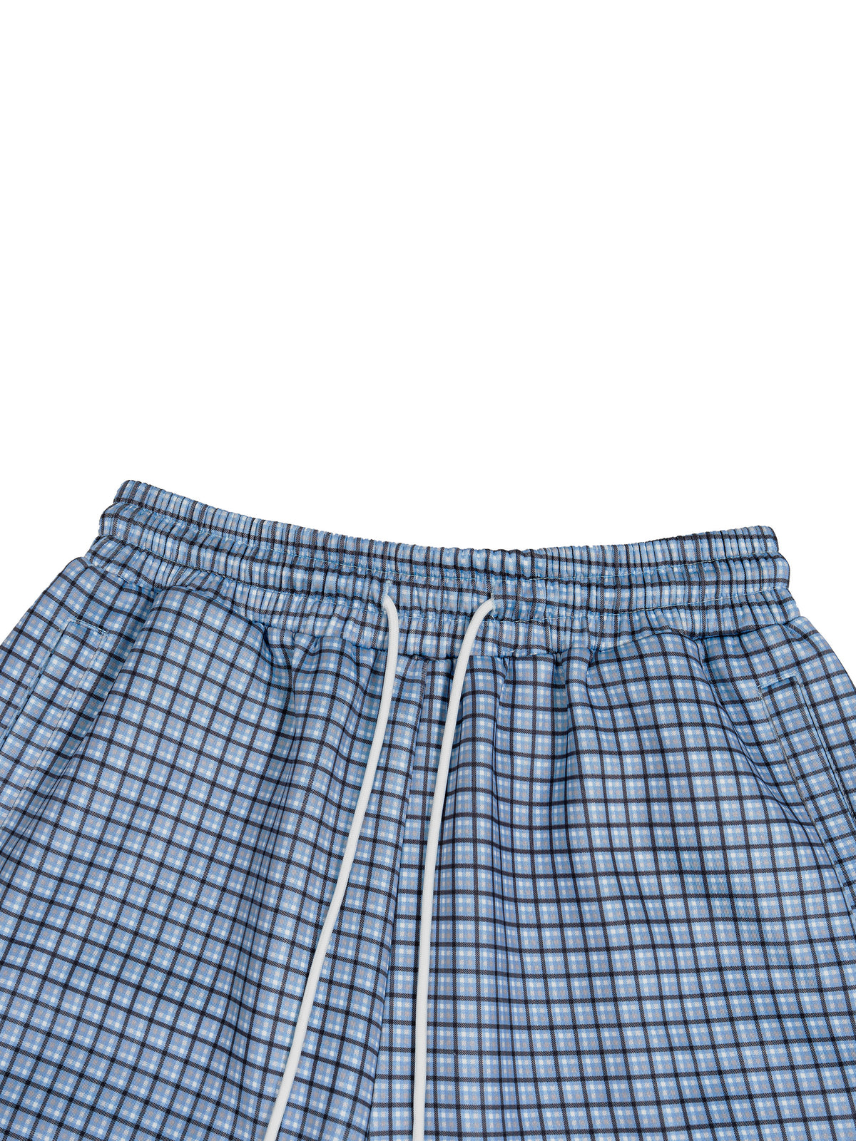 Blue plaid elastic-waist shorts with centered drawstring cords