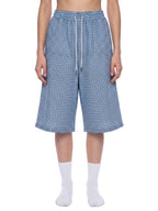 Blue plaid drawstring shorts with elastic waistband and thin drawstrings