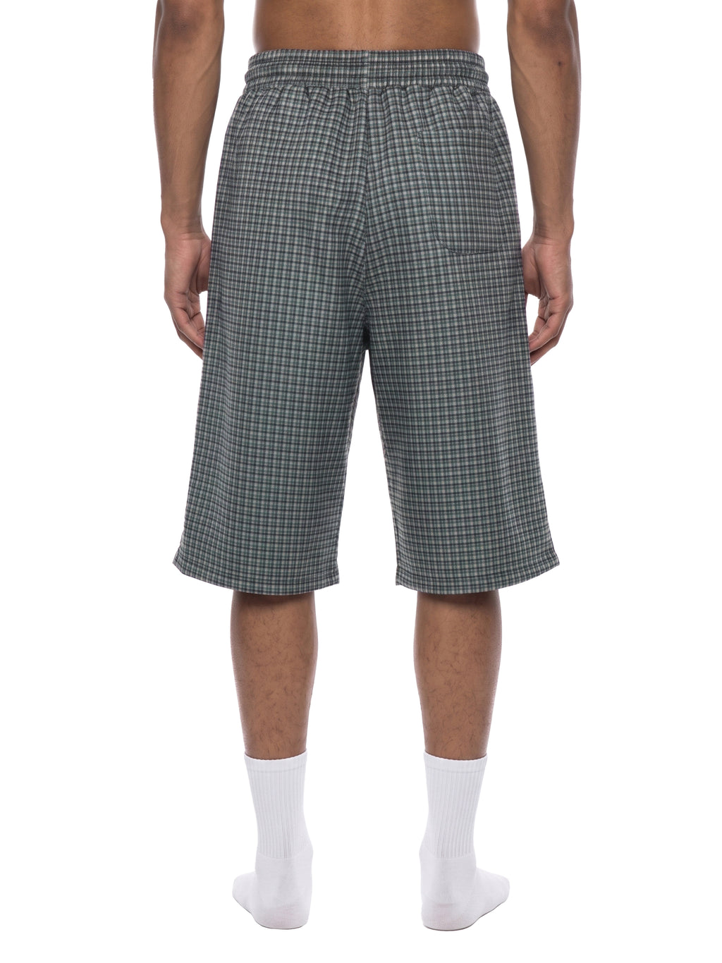 Dark plaid drawstring shorts, front view with elastic waistband