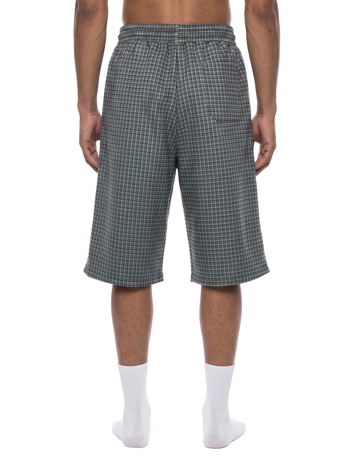 Dark plaid drawstring shorts, front view with elastic waistband