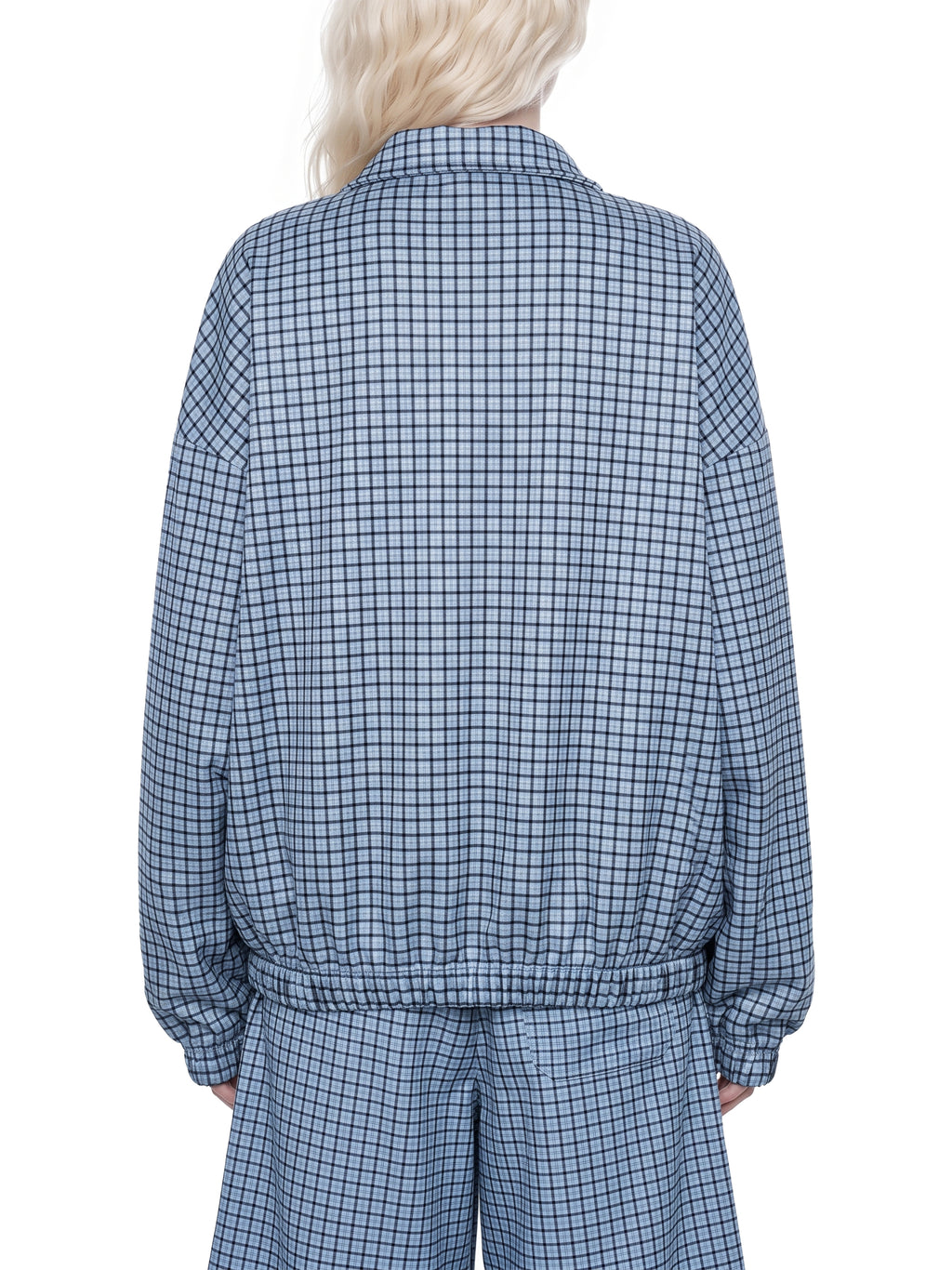 Sky blue plaid quarter-zip sweatshirt rear view with gathered hem and cuffs