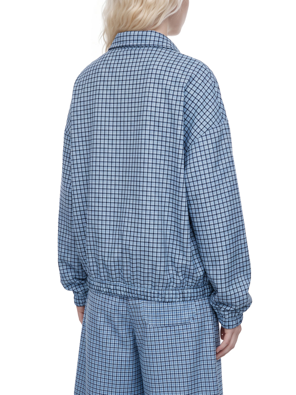 Sky blue plaid quarter-zip sweatshirt back view with ribbed waistband and cuffs