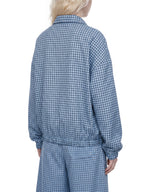 Sky blue plaid quarter-zip sweatshirt back view with ribbed waistband and cuffs