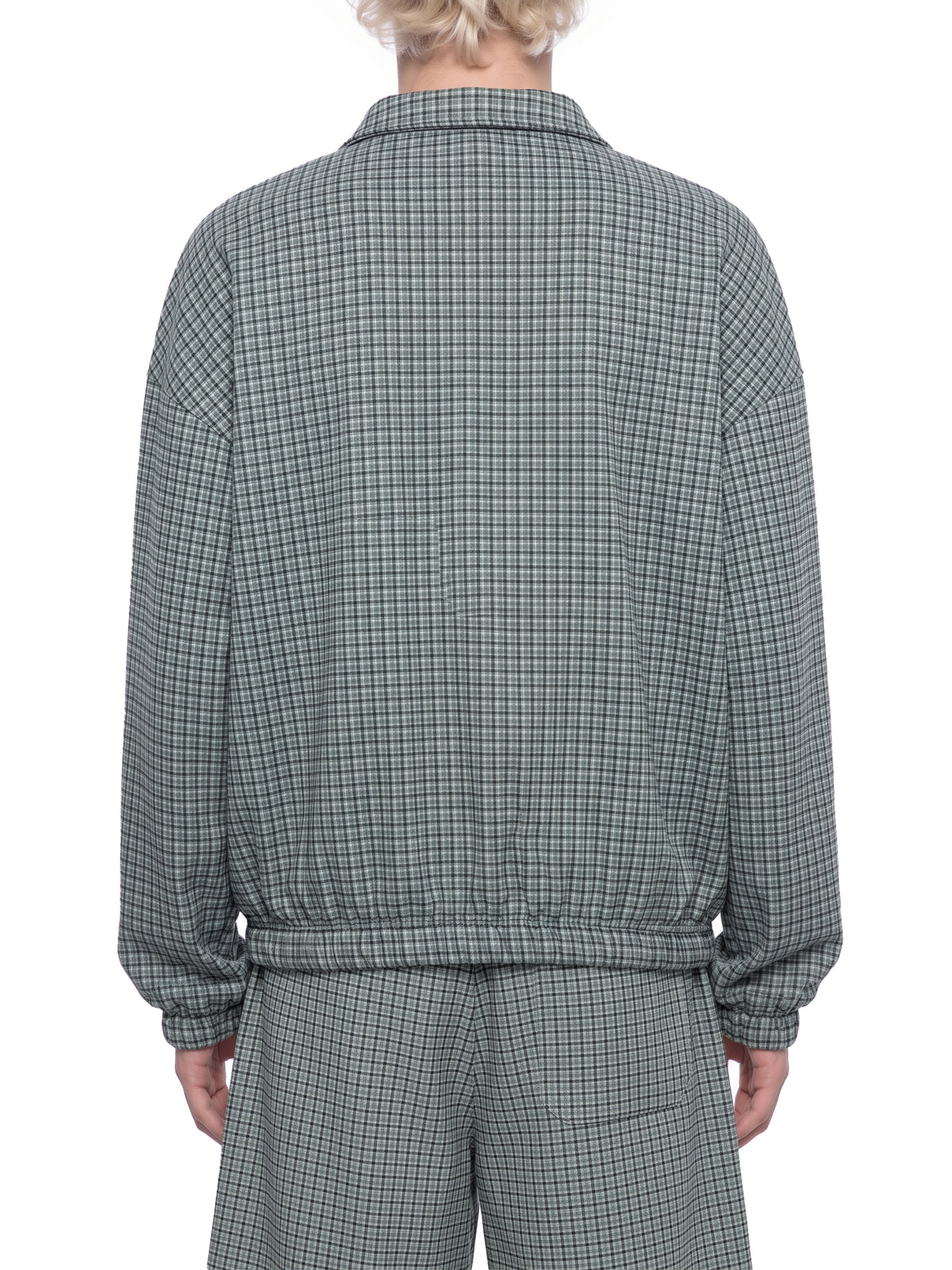 Green plaid quarter-zip sweatshirt back view with ribbed waistband and cuffs