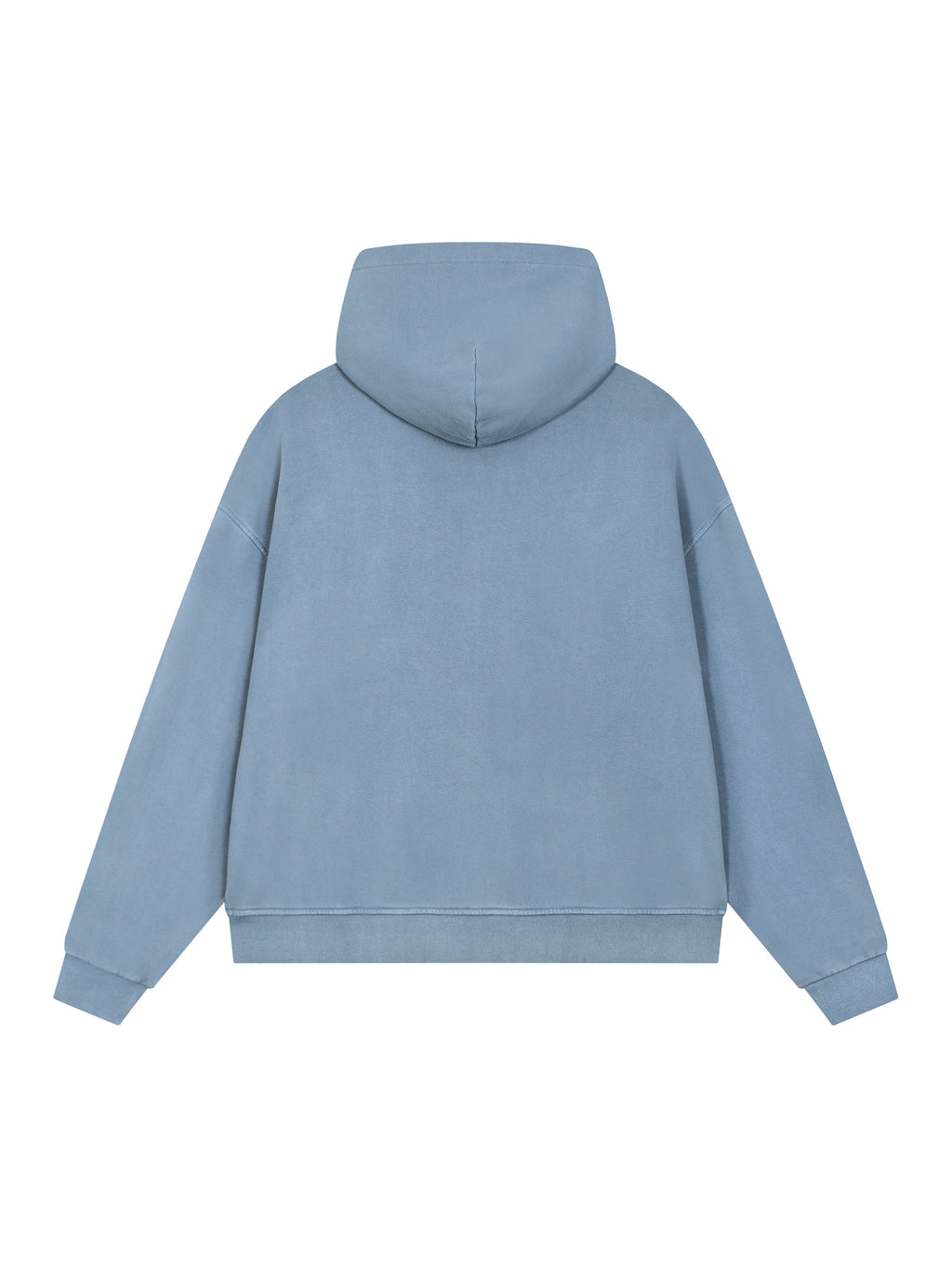 Jeans blue full-zip boxy hoodie with hood, shown from the back