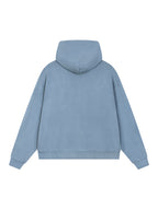 Jeans blue full-zip boxy hoodie with hood, shown from the back