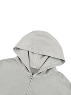 Light gray zip-front hooded hoodie with boxy fit and drawstring
