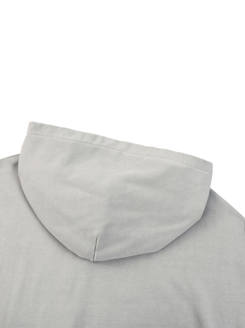 Light gray zip hoodie hood on back with smooth seam panel