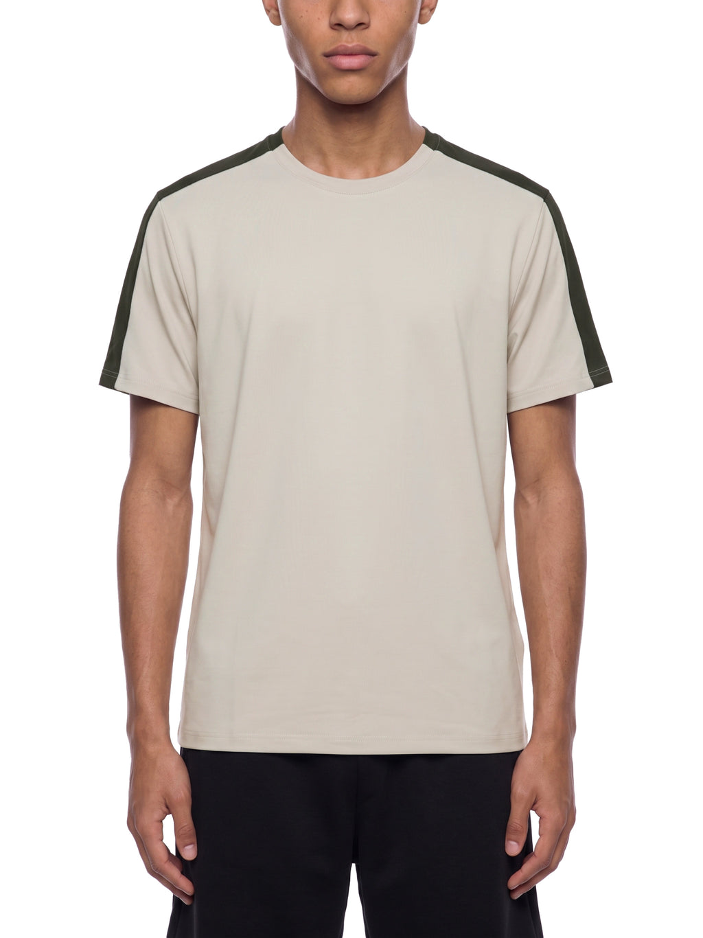 Color-block performance T-shirt with light beige body and dark charcoal sleeves
