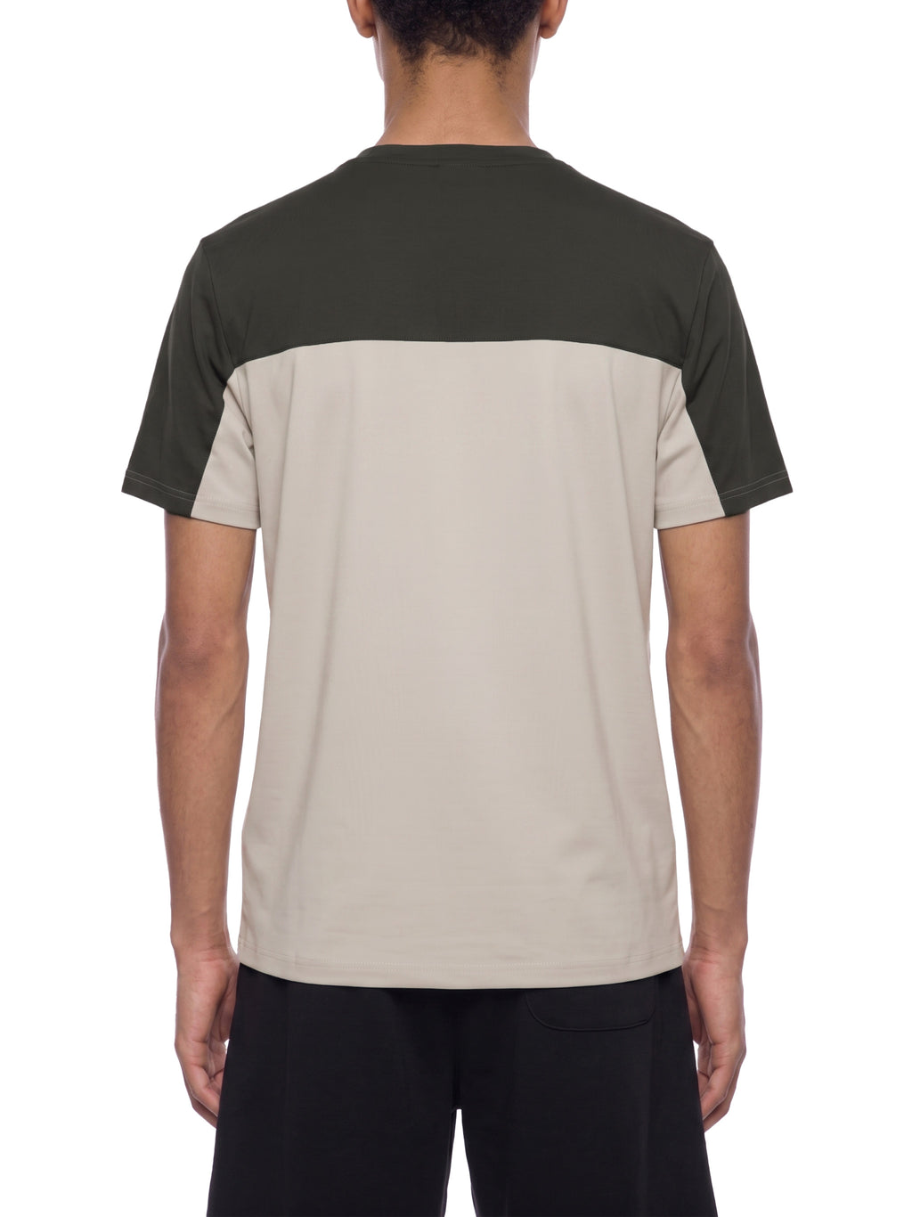 Color-block performance T-shirt with dark charcoal back and light beige center panel