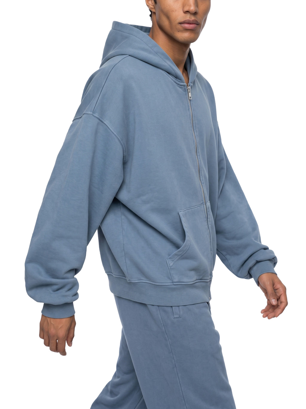 Jeans blue full-zip boxy hoodie with hood, kangaroo pocket, and relaxed boxy fit