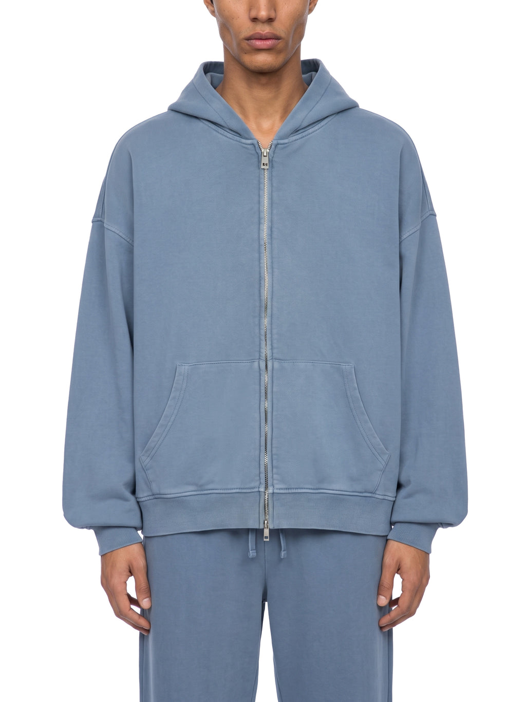Unisex vintage wash full-zip boxy hoodie, jeans blue with hood and kangaroo pockets
