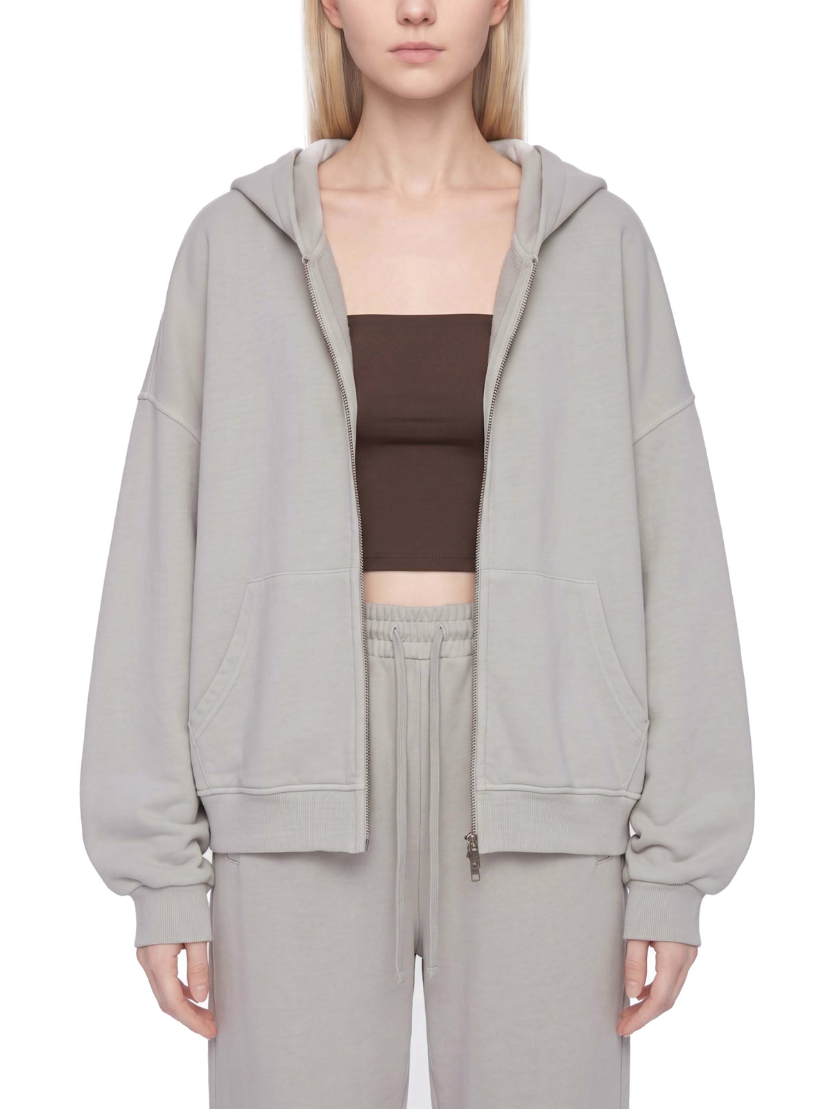 Unisex vintage wash full-zip boxy hoodie, light gray with hood and kangaroo pockets
