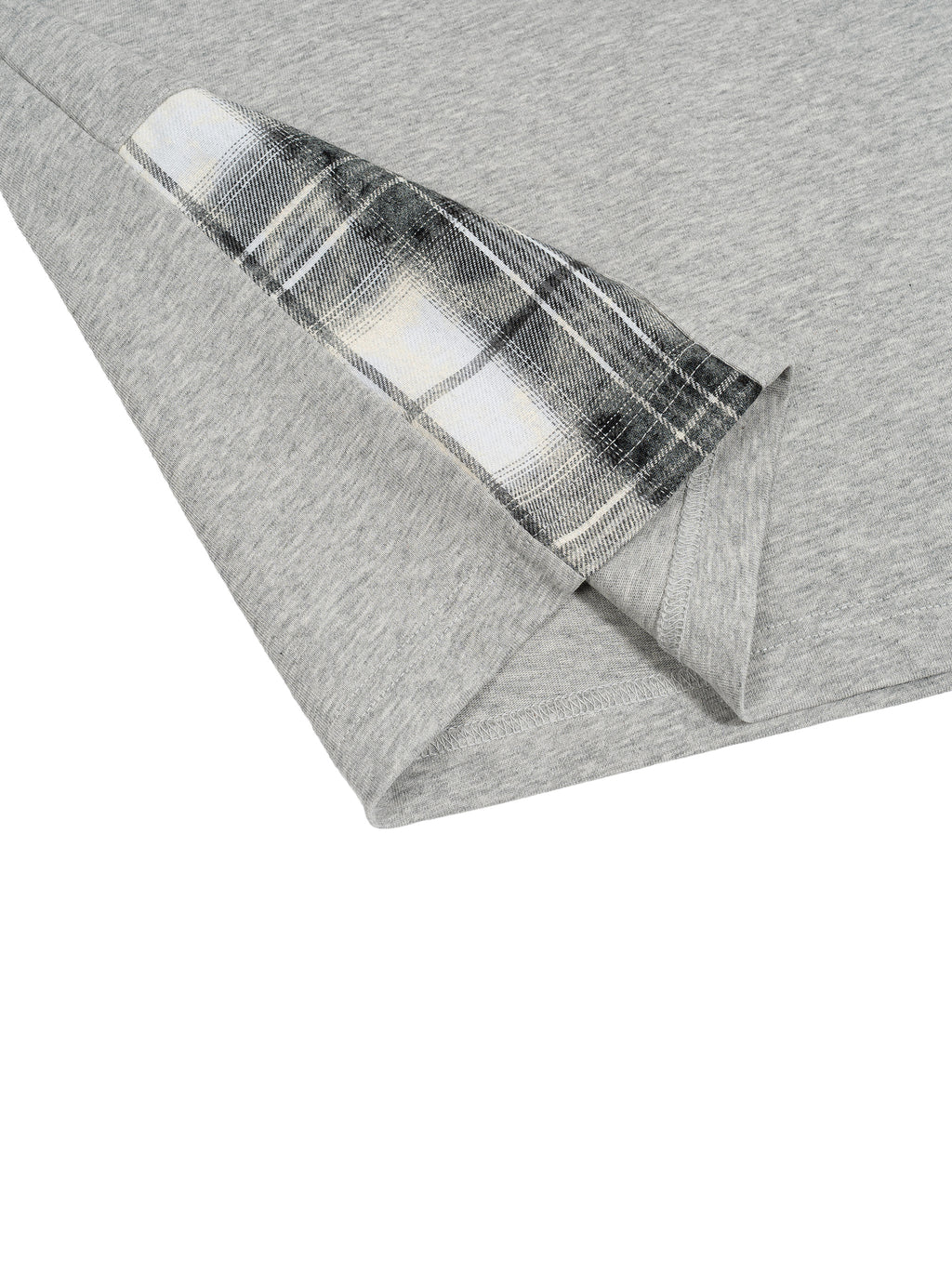 Heather gray unisex T-shirt with plaid paneled shoulder sleeve