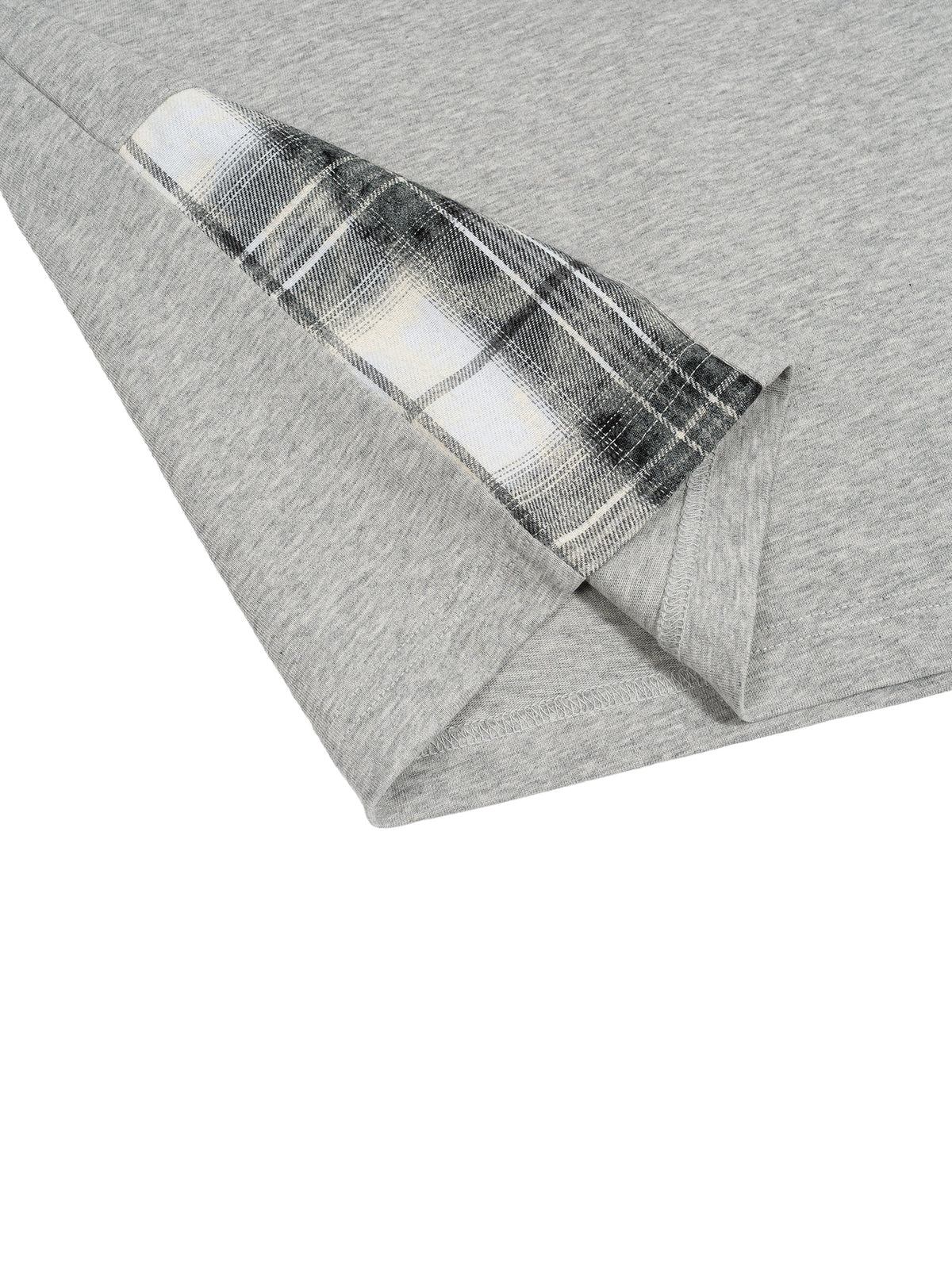 Heather gray unisex T-shirt with plaid paneled shoulder sleeve