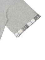 Unisex gray T-shirt sleeve with plaid cuff trim and stitched hem