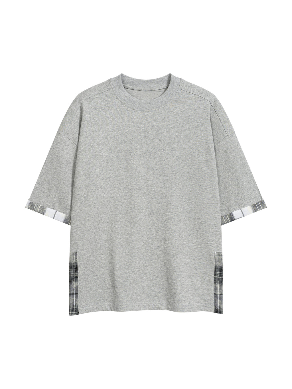 Light gray unisex T-shirt with plaid cuff sleeves and side panel detail