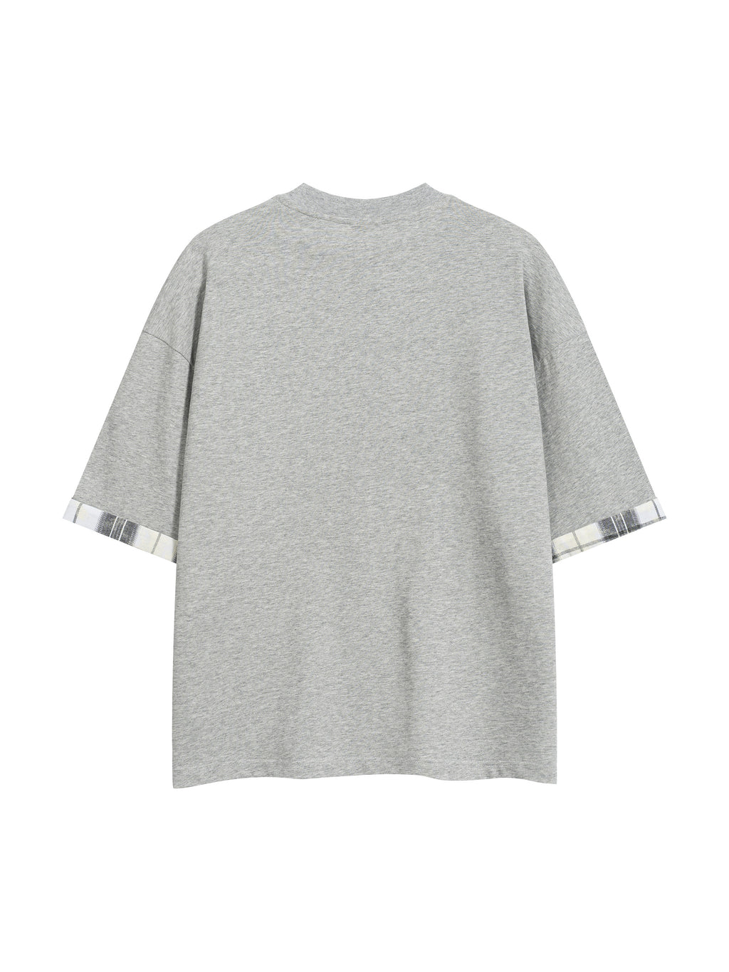 Light gray unisex T-shirt back view with plaid cuff sleeves