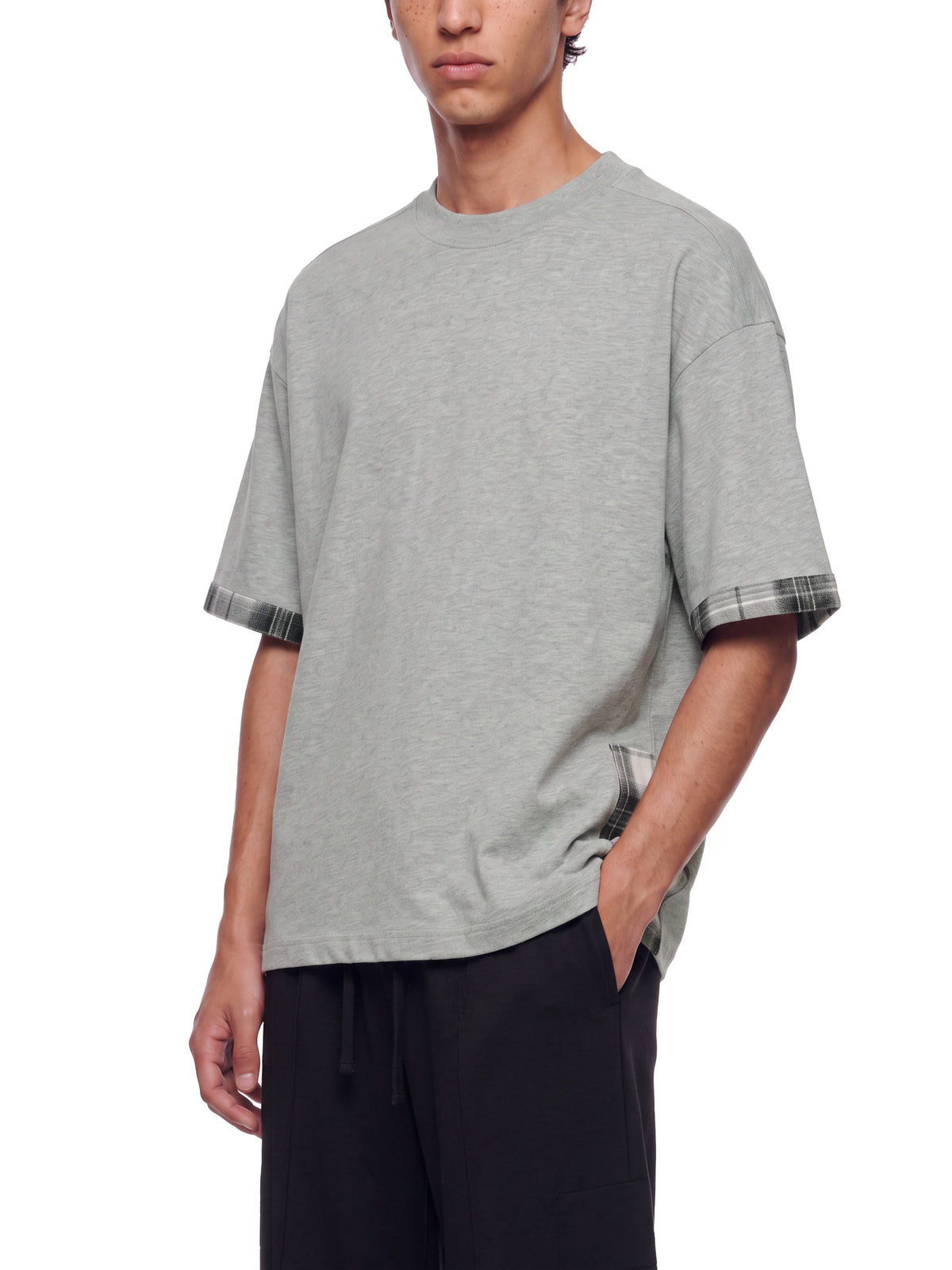Unisex heather gray T-shirt with plaid-trim short sleeves and paneled side detail