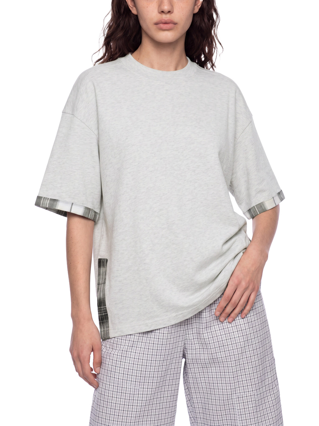 Unisex light gray T-shirt with plaid-trim sleeve cuff and draped relaxed fit