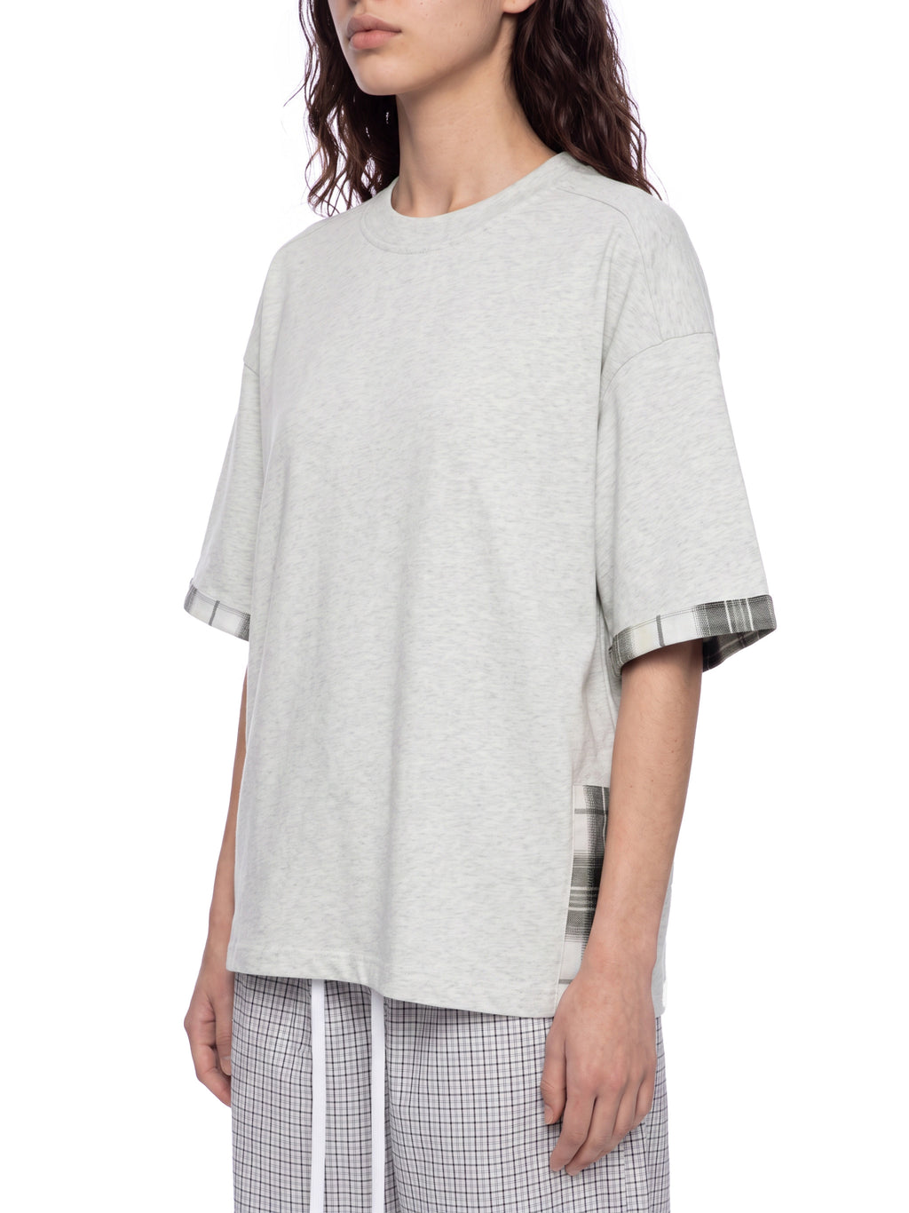 Unisex light gray T-shirt with plaid-trim sleeve cuff and subtle side panel