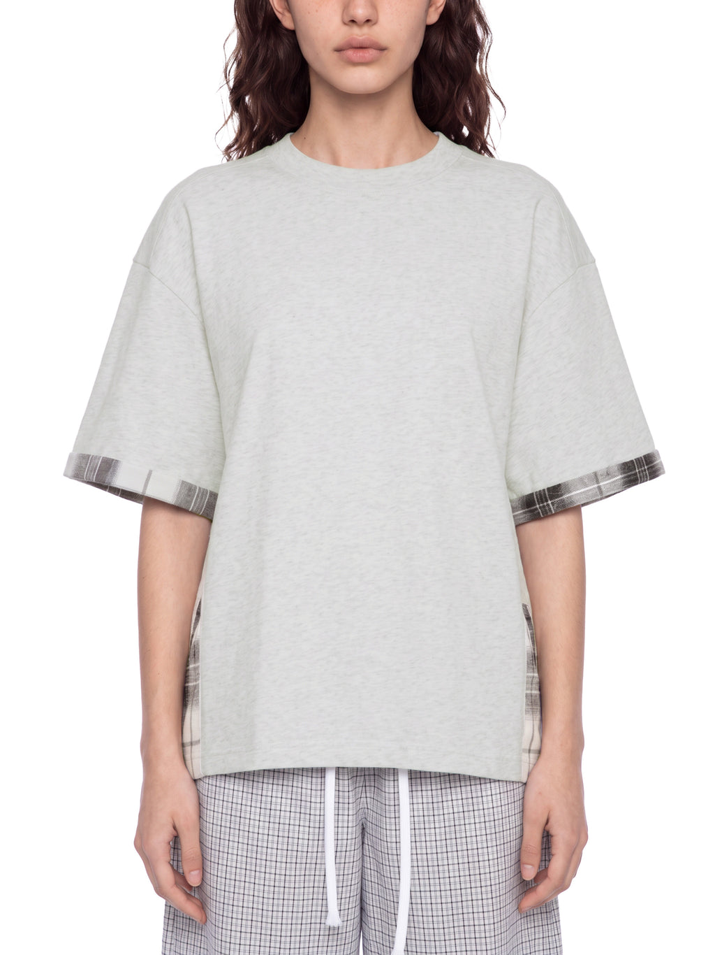 Unisex light gray T-shirt with plaid-trim sleeve cuffs and longer hemside panel