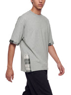 Unisex heather gray T-shirt with plaid-trim sleeve cuff and side panel detail