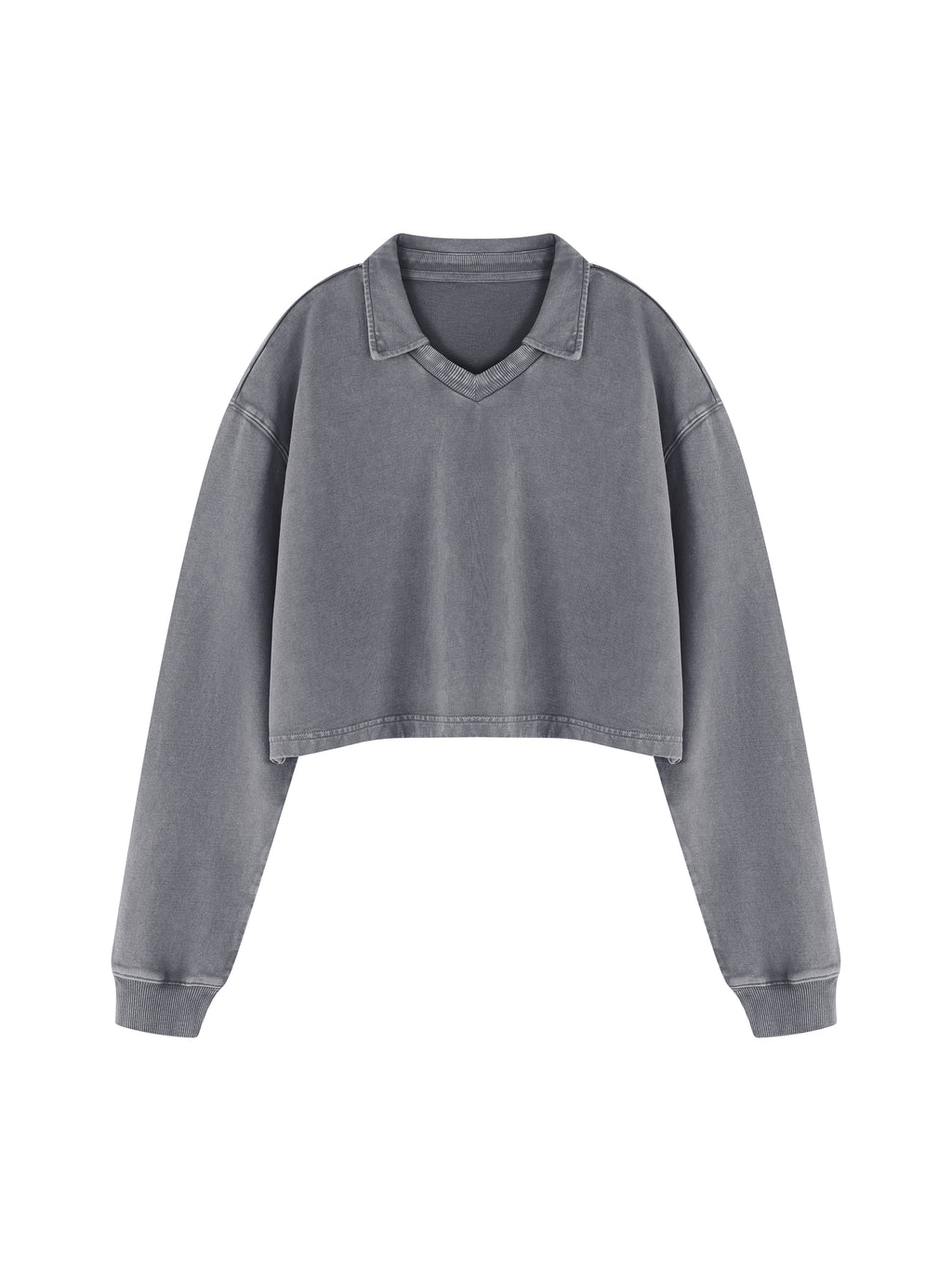 Gray vintage wash crop sweatshirt with V-neck collar and long sleeves, front view