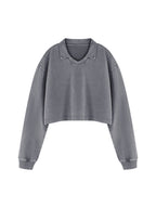 Gray vintage wash crop sweatshirt with V-neck collar and long sleeves, front view