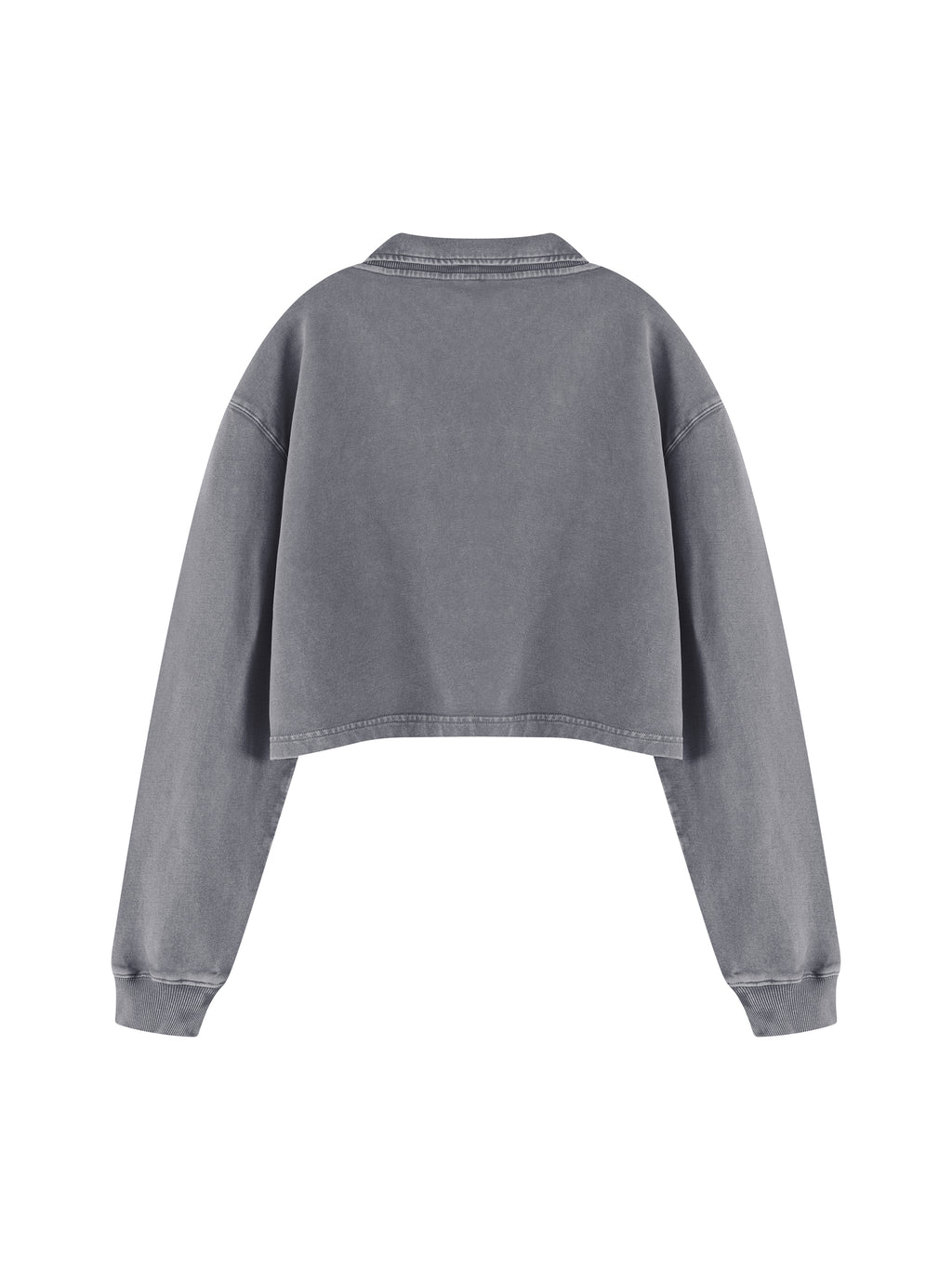 Gray vintage wash crop sweatshirt with ribbed cuffs and collar, back view