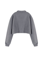 Gray vintage wash crop sweatshirt with ribbed cuffs and collar, back view