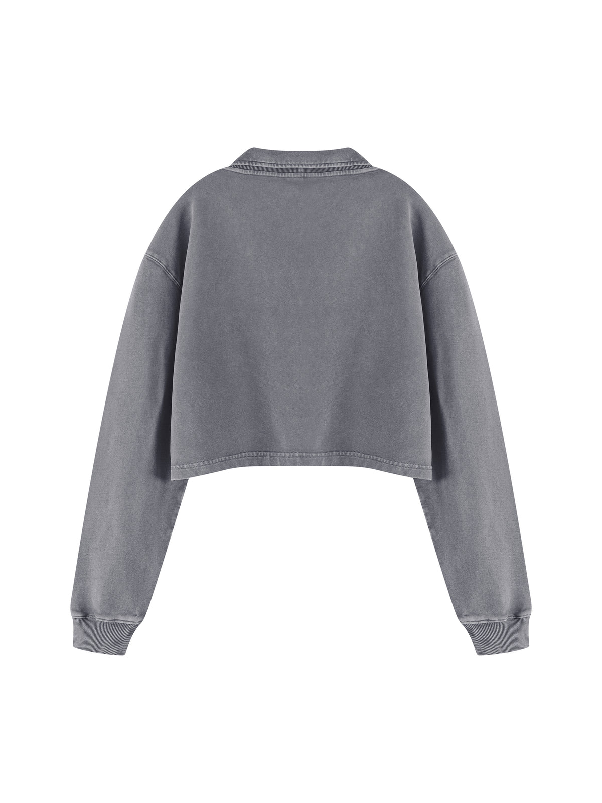 Gray vintage wash crop sweatshirt with ribbed cuffs and collar, back view