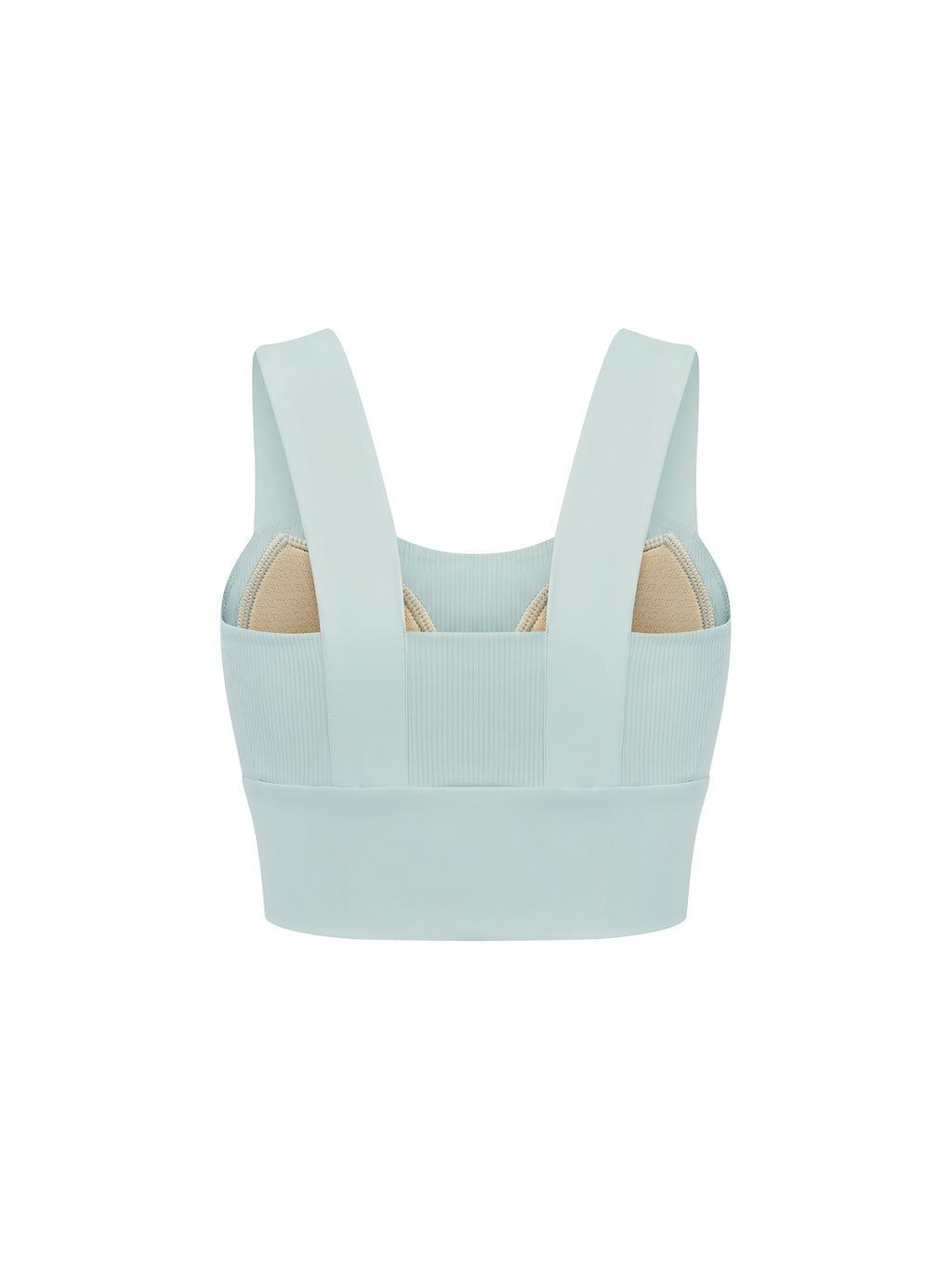 Light mint women’s yoga crop tank top with wide straps and smooth ribbed fabric, back view