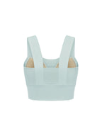 Light mint women’s yoga crop tank top with wide straps and smooth ribbed fabric, back view