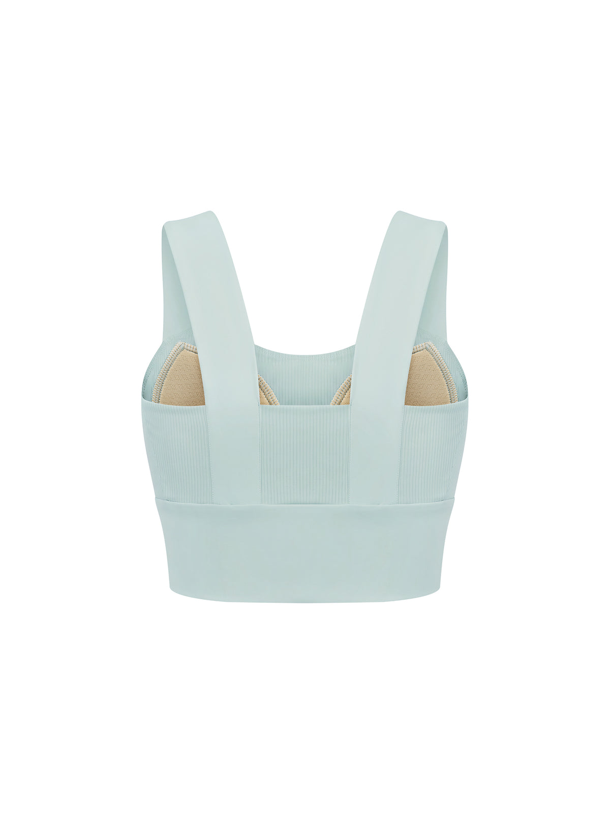 Light mint women’s yoga crop tank top with wide straps and smooth ribbed fabric, back view