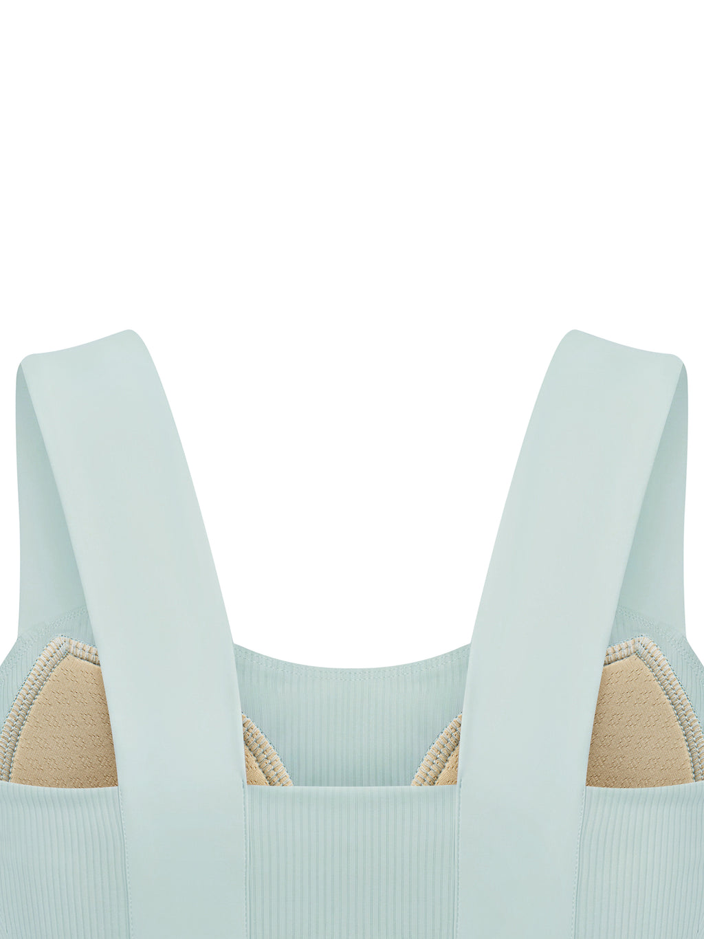 Mint green yoga crop tank top close-up: wide straps with square neckline front.