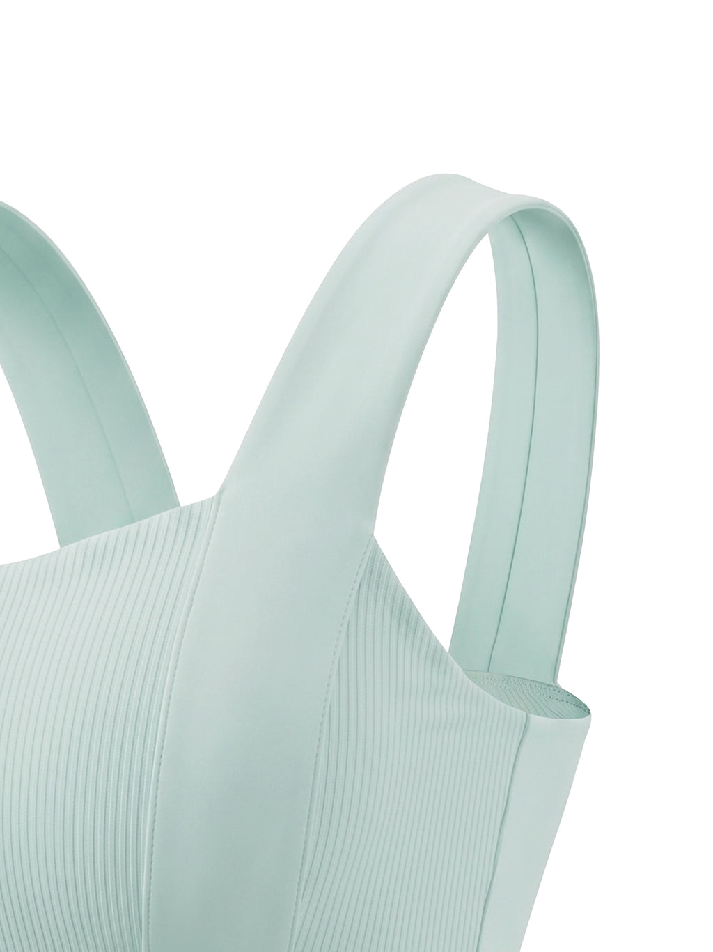 Mint green tank top close-up of wide strap and ribbed front knit texture.