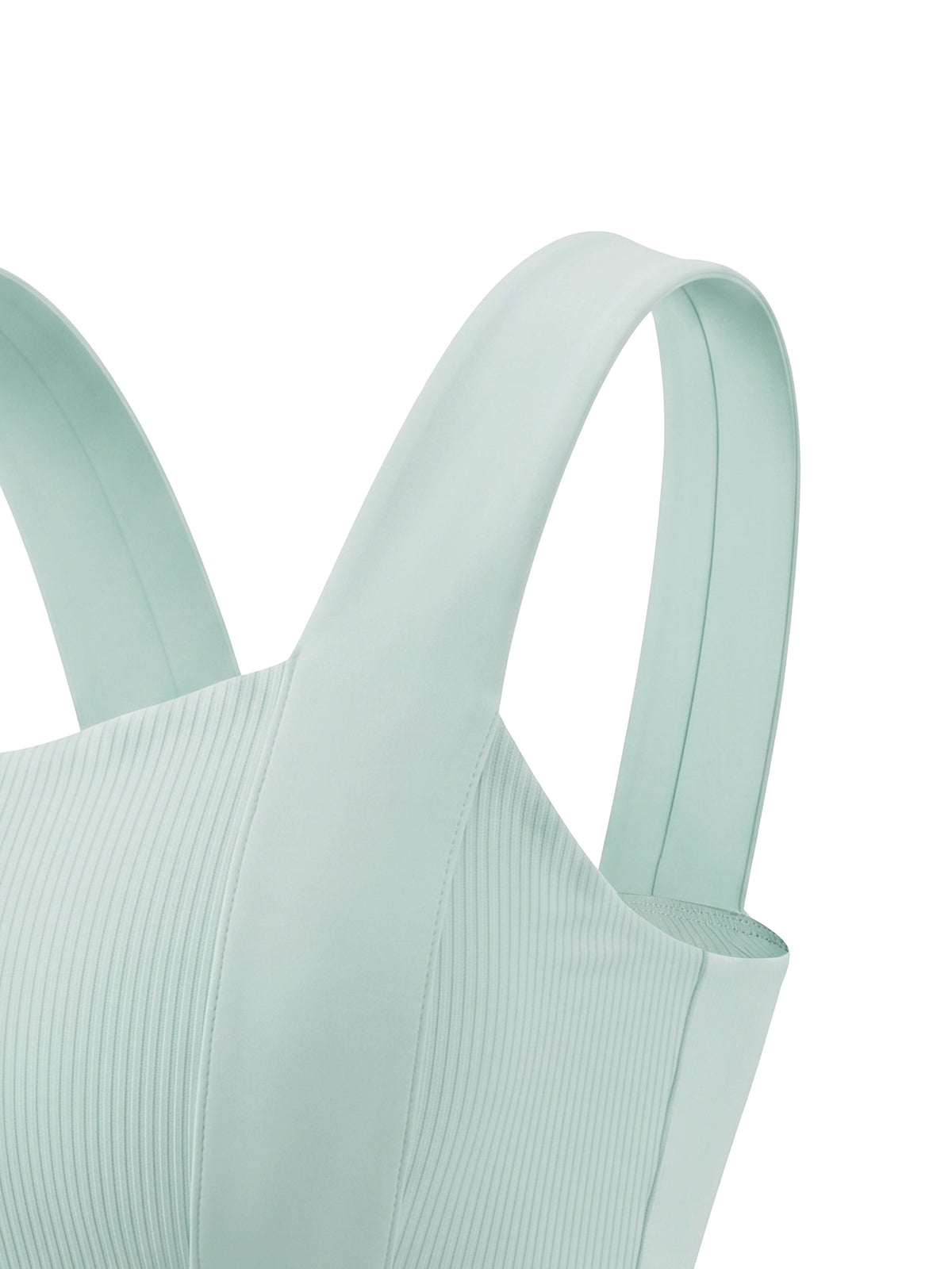Mint green tank top close-up of wide strap and ribbed front knit texture.