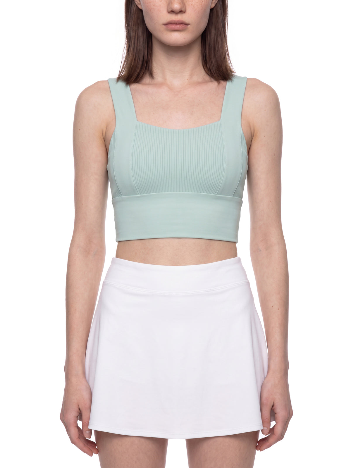 Mint green yoga crop tank top with wide square neckline and ribbed knit texture.